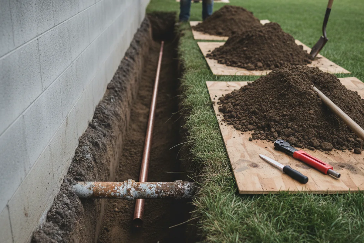 Excavated water line trench during Sewer Line Repair in Olmsted Falls